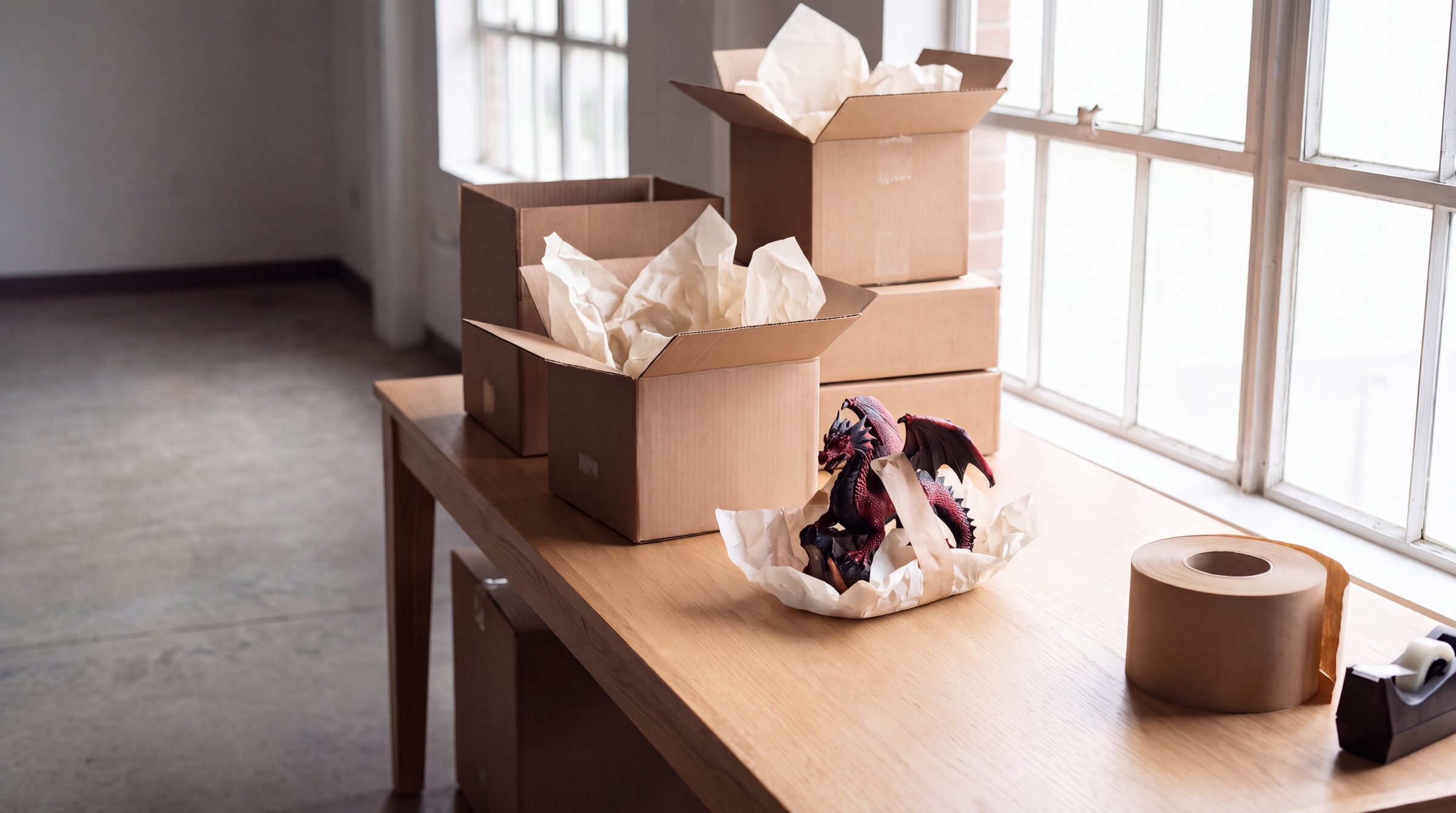 Packing table with shipping boxes, a dragon figurine and a wrapped sword
