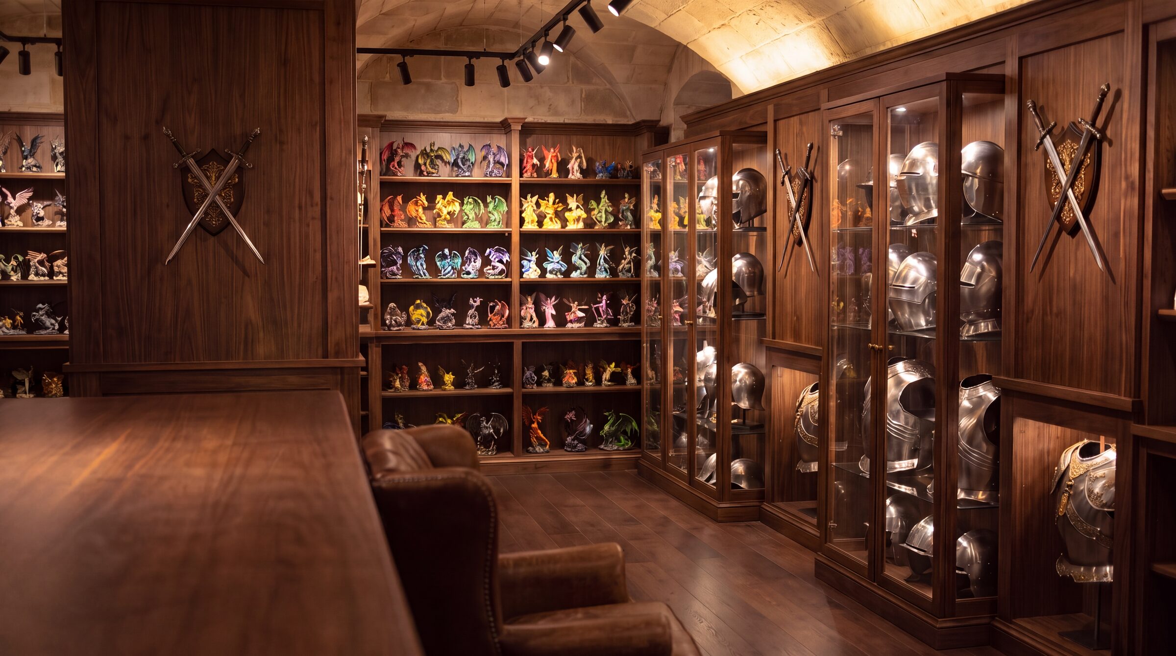 Specialist shop under a stone vault with display cases filled with helmets and shelves lined with dragon and fairy figurines