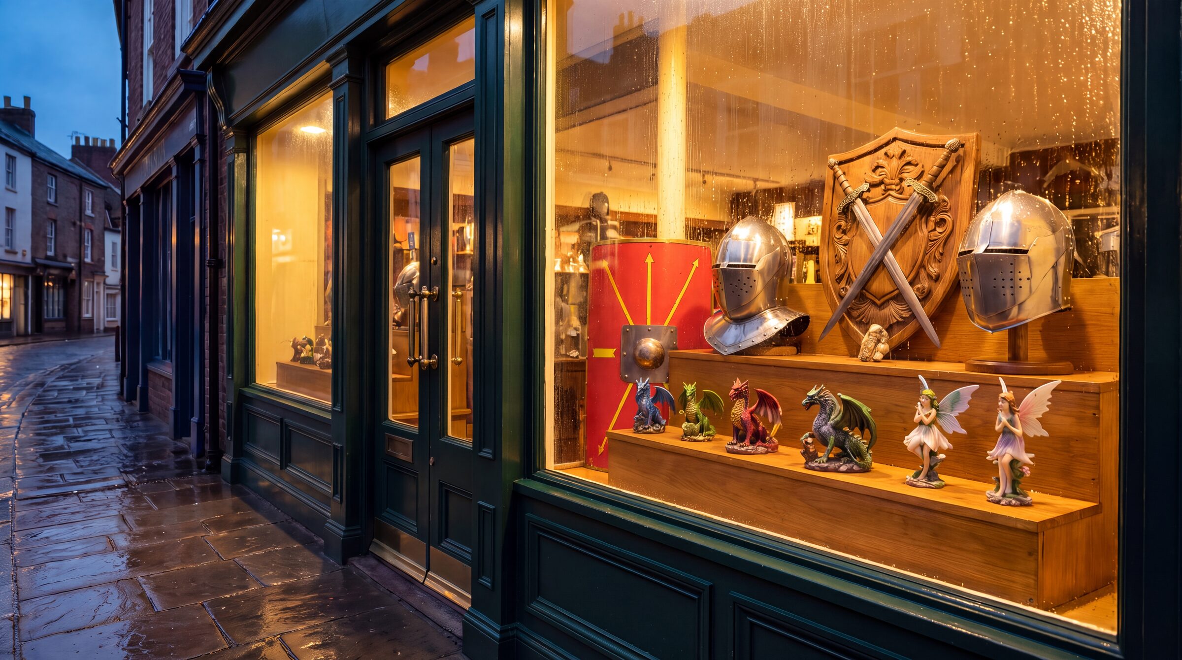 Bottle-green shopfront of a collectibles boutique at dusk, lit display window with helmets, a Roman shield, a panoply, dragons and fairies