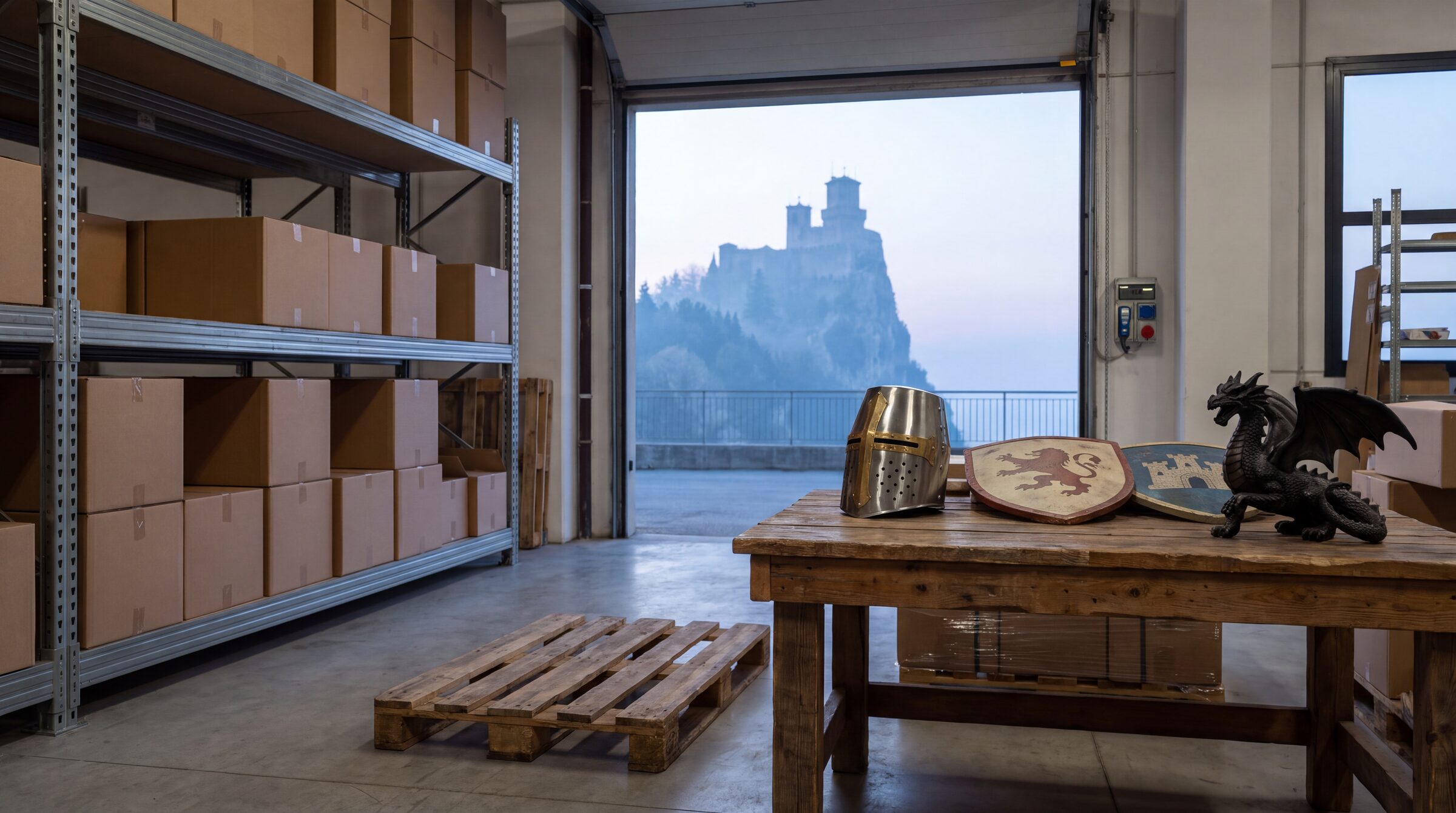 Wholesale warehouse with shelves and boxes, with a view through the door of Monte Titano and its towers