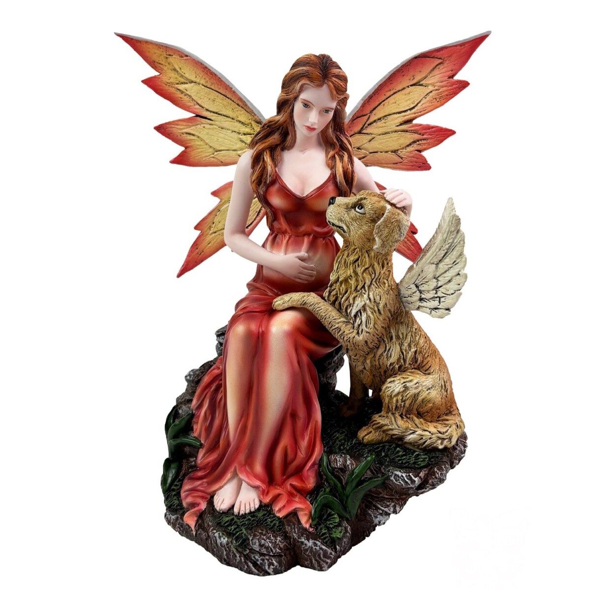 Fairy with dog, resin figurine, 18 cm
